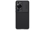 Чехол панель-бампер MyPads Tenda для Huawei P60 / Huawei P60 Pro из пластика с закрывающейся камерой и матовой отделкой «под карбон» с защитой шторкой заглушкой для камеры, черная